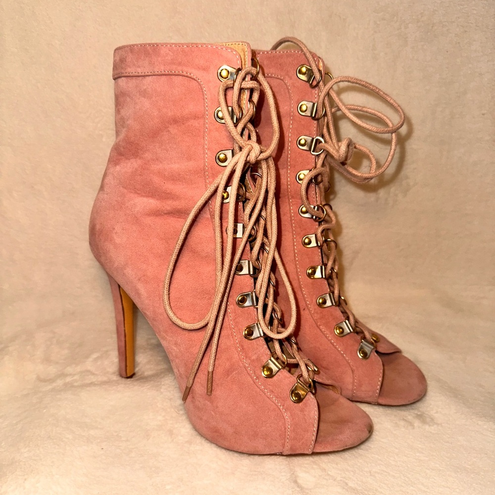 Pink Lace-Up Peep Toe High Heel Boots